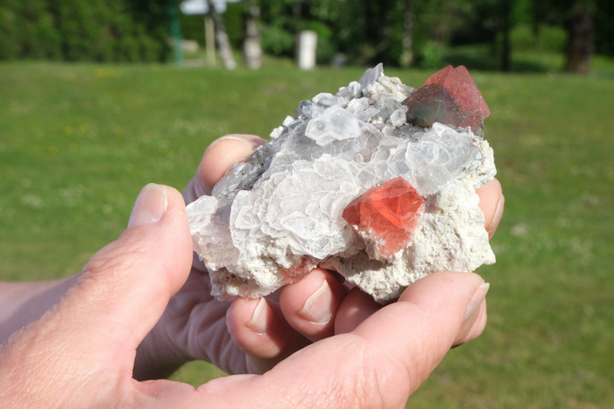 Un octaedre de fluorine rose sur calcite