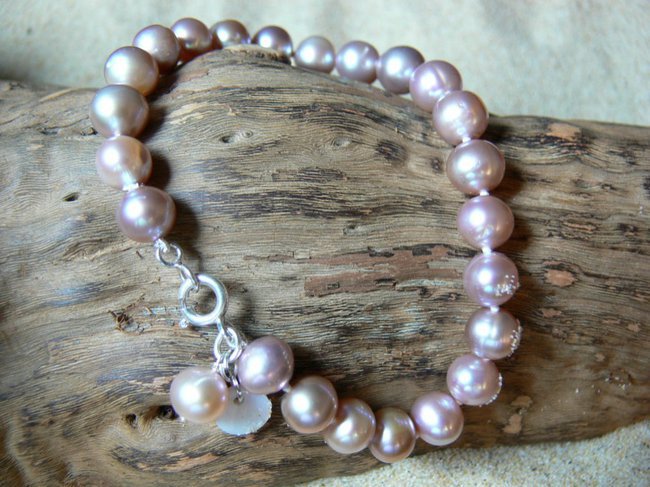 Bracelet perles naturelles lilas fermoir rond argent